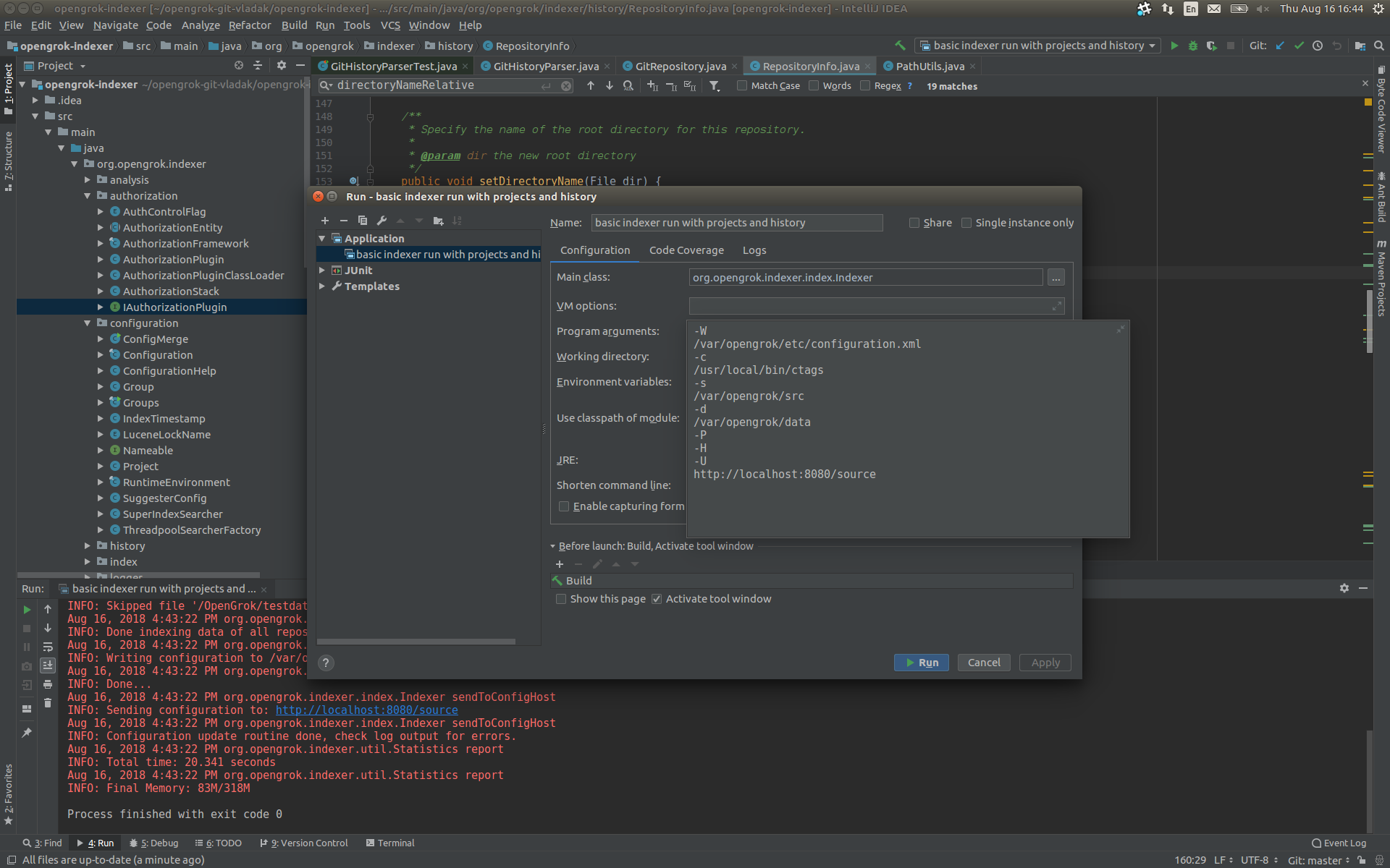 arguments of basic indexer run in IDEA