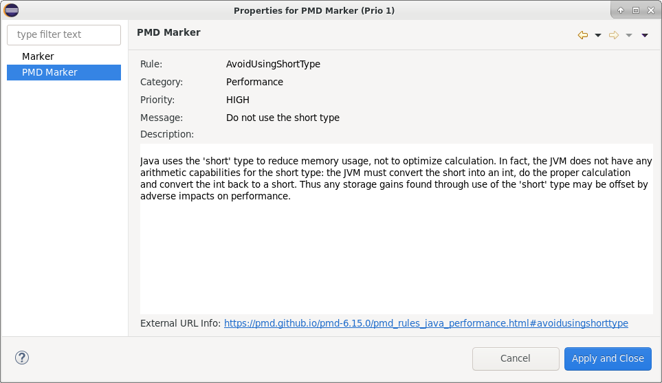 Screenshot of PMD Marker Property Page